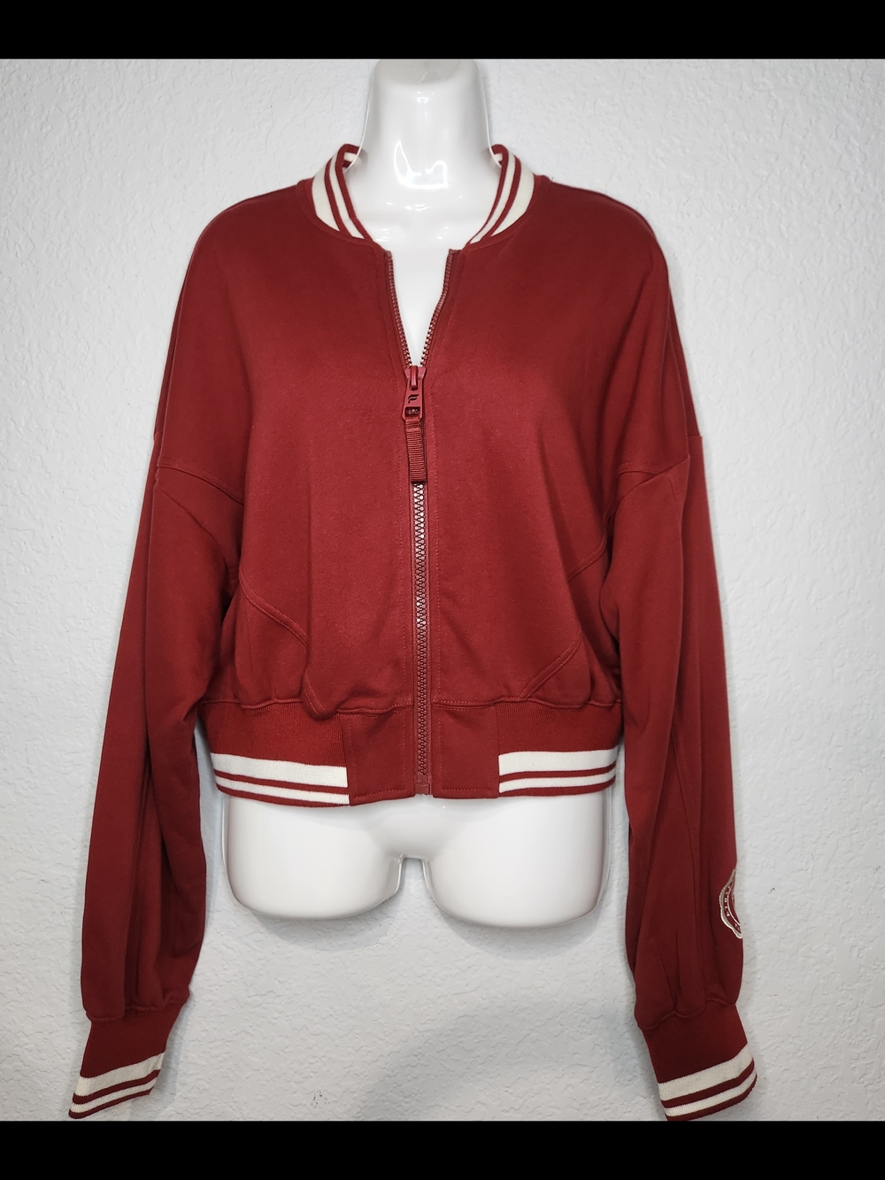 Fabletics Burgundy Zip-Up Varsity Jacket